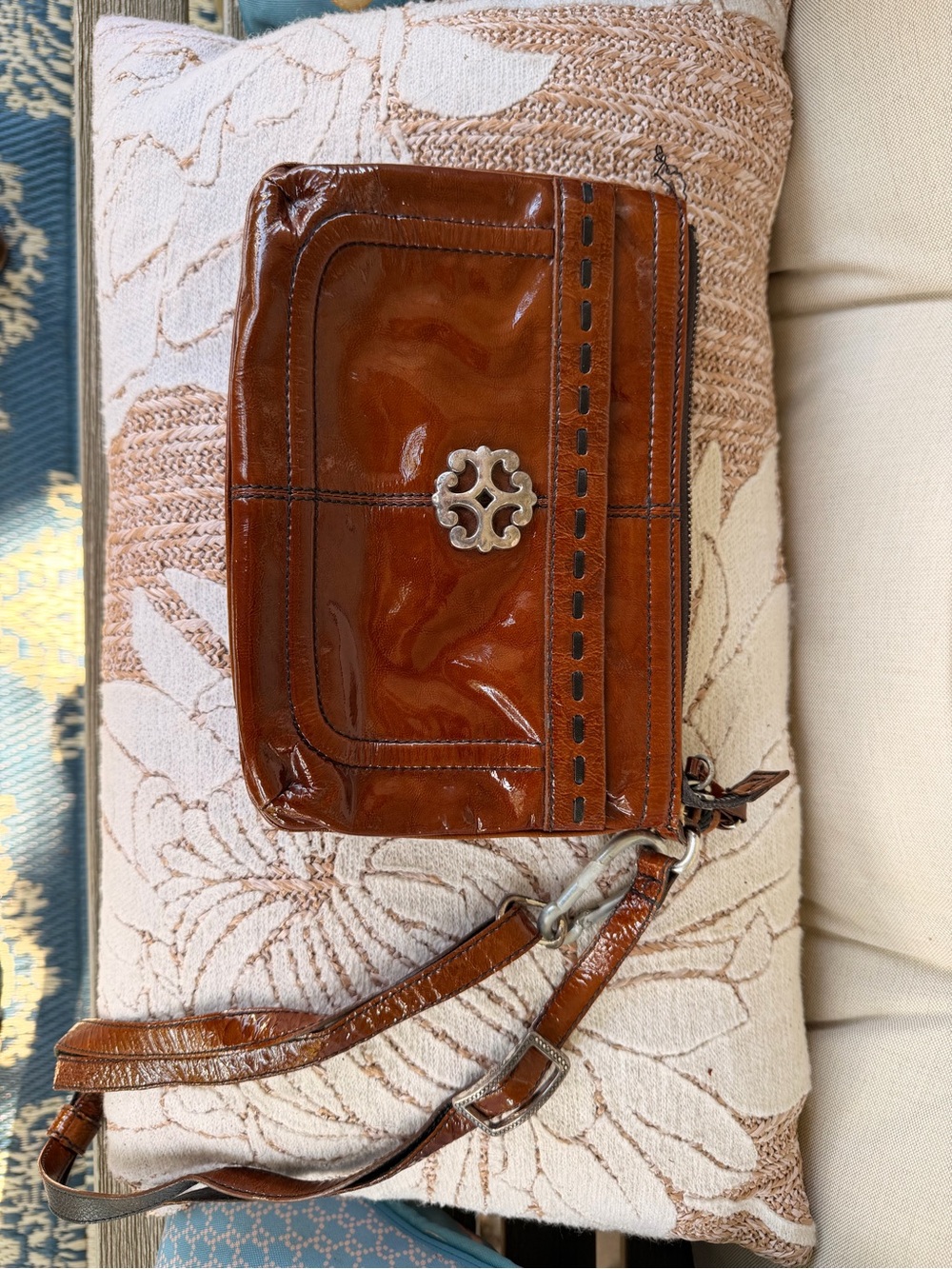 Cognac Patent Leather Purse with Built- in wallet and broken strap- Women's Bag